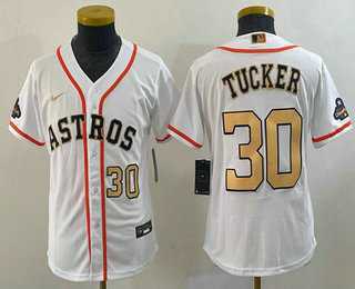 Youth Houston Astros #30 Kyle Tucker Number 2023 White Gold World Serise Champions Patch Cool Base Stitched Jerseys->mlb youth jerseys->MLB Jersey